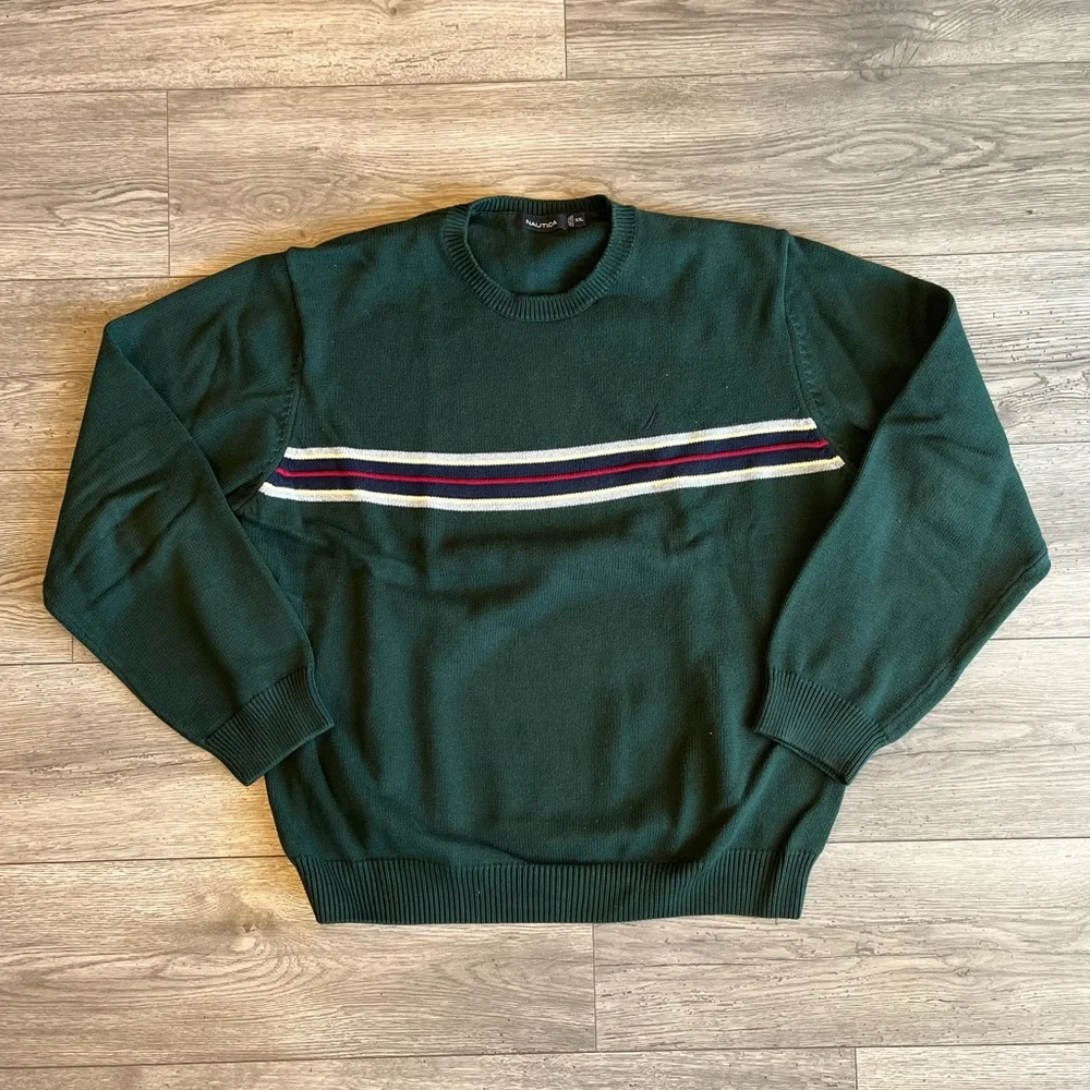 Nautica Men’s Crewneck Pullover Sweater Green Navy Red Vintage 90s Style XXL